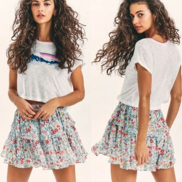 LoveShackFancy Dresses & Skirts - LoveShackFancy Women's Sz P US 00 Ruffle Floral Ibiza Blue Tiered Mini Skirt